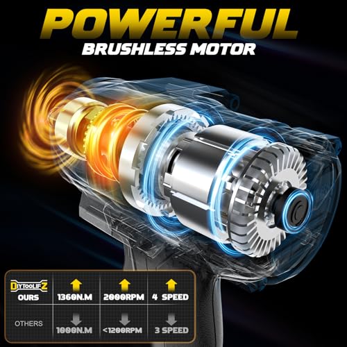 DIYtoolifz 1/2 inch Impact Wrench 1000Ft-lbs(1360N.m) Compatible with DeWalt 20v, Cordless High Torque 1/2'' Impact Driver with 4-Modes, LED Light, Brushless Impact Gun Car/Truck/Mower(Bare Tool)