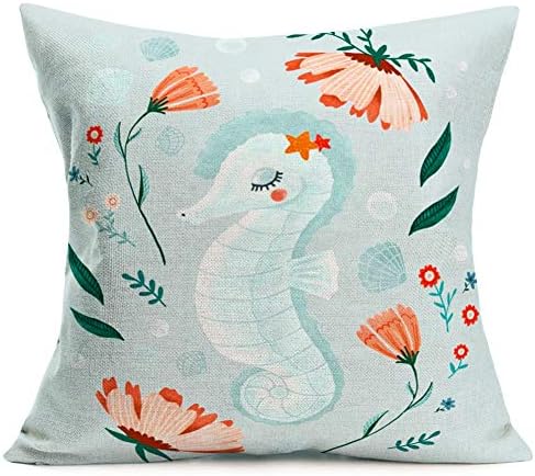 Fukeen Marineaalife Blue Throw Pillows Cute Ocean Animals Seahorse Pillow Cases Cushion Cover Cotton Linen Coastal Home Room Decor Standard Pillowcases 18 X 18 Inches