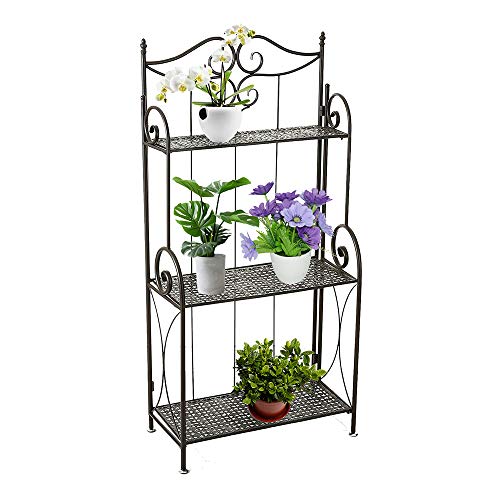 MORITIA Foldable 3 Tier Metal Plant Stand Scrollwork Design Indoor and Outdoor Flower Rack, Home Storage Organizer Shelf, 21.6W x 44.8H x 11.0D Inch
