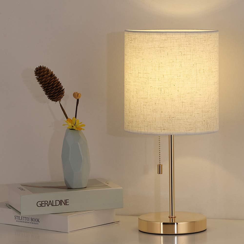 Table Lamp, Gold Nightstand Lamp, Metal Table Lamp with Linen Shade, Bedside Lamp for Bedroom, Dresser College