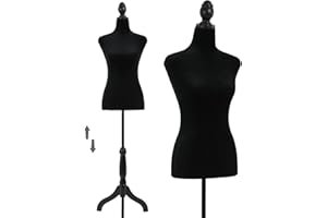 NCHANMAR Wooden Tripod Base Female Mannequin Torso Dress Form 50"-63" for Display Women - Height Adjustable for Sewing, Foam Body (Black)