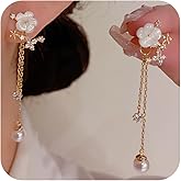 Pearl Flower Earrings for Women Long Flower Threader Earrings Trendy Floral Pearl Dangle Ear-rings Birthday Prom Wedding Party Dress Jewelry Gifts for Her
