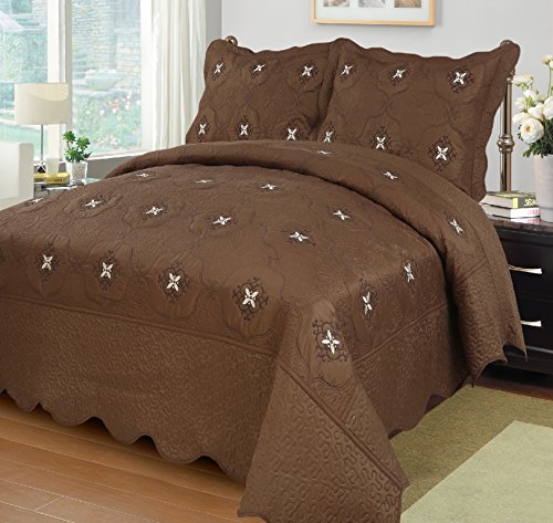 MarCielo3-Piece Fully Quilted Embroidery Quilts Bedspreads Bed Coverlets Cover Set, Cal King Size Coffee Emma(Oversize, Brown)