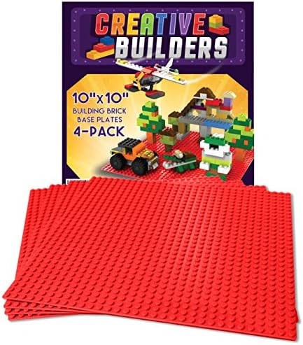 Self Adhesive Lego Compatible Baseplates - Peel and Stick Base plates for Kids Toy Table, 4 pack 10X10" (Red) Creative Builders