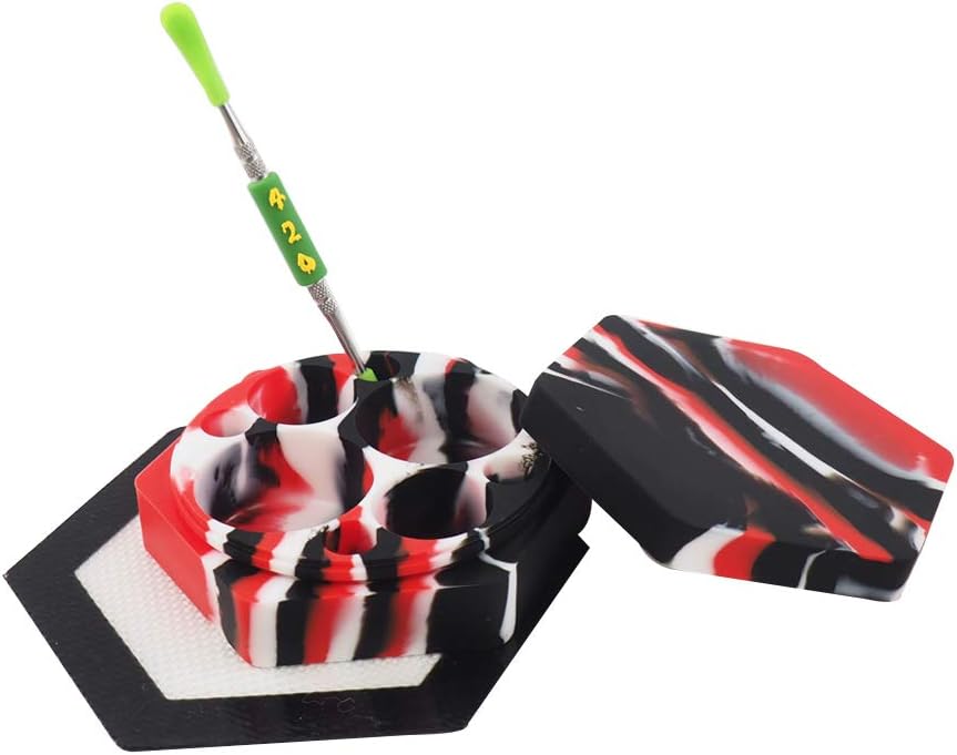 TOPJAR 1 Red/Black/White Silicone Oil Storage Container 110ml Large Non Stick Hexagon Jar with Split + 1 Non Slip Wax Mat Pad + 1 Stainless Steel Carving Tool