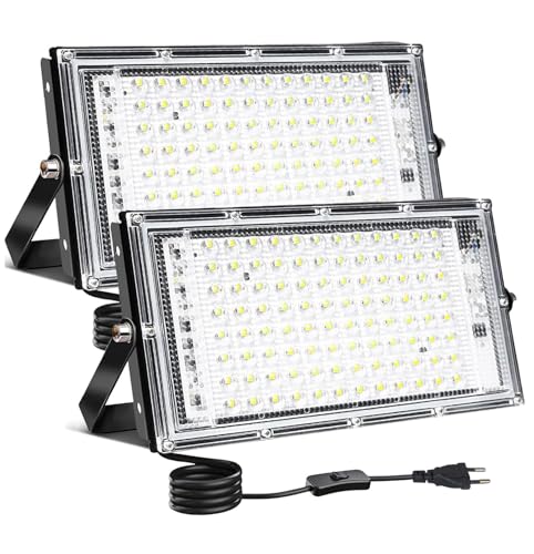 CREATESTAR Outdoor LED Spotlight, 100 W 2 Pieces Outdoor LED Spotlights Cool White Light, IP65 Waterproof Outdoor LED Headlight for Warehouse, Sports Field, Garden, Garage, Parking