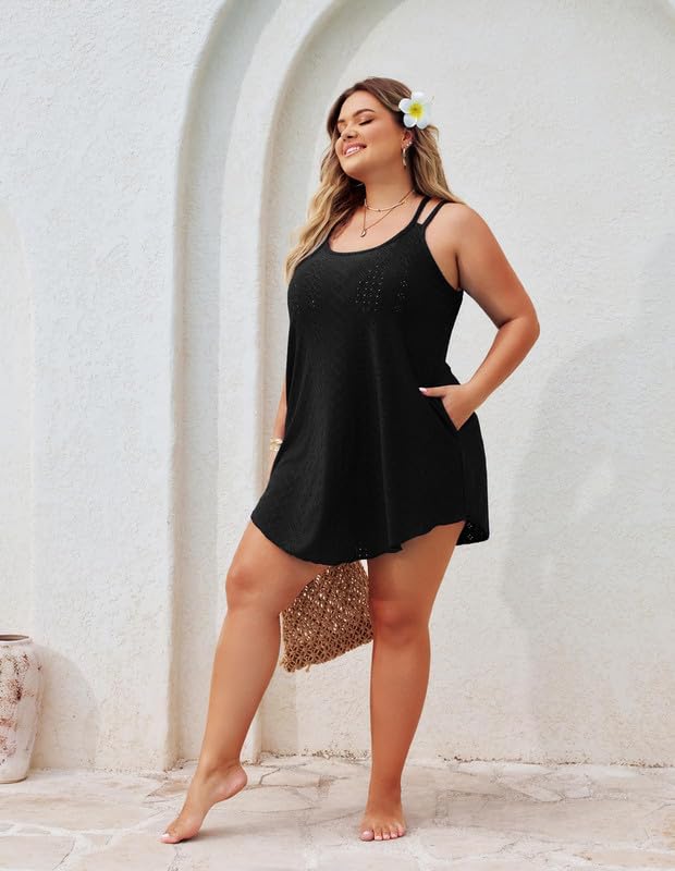 Hanna Nikole Bikini Cover Ups for Women Plus Size Hollow Out Swimsuit Cover Ups Beach Coverups Spaghetti Strap Beach Dress with Pockets Black