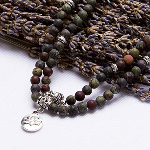 Bivei 108 Mala Beads Bracelet - Genuine Gemstone Mala Prayer Beads Lotus Charm Meditation Necklace (Bloodstone)