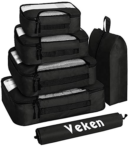 Veken 6 Set Packing Cubes, Travel Luggage Organizers with Laundry Shoe Bag, Black, XL-Large, Large, Medium, Small