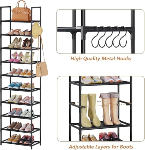 Last page® Shoe Rack 10-Tier Metal Narrow Shoe Organizer 20 Pairs Tall Shoe Storage Rack with Hook, Vertical Shoe and Boots Organizer, Shoe Shelf Organizer for Entryway Closet Hallway Black