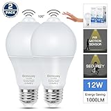 Bomcosy PIR Motion Sensor LED Bulb E26 12W Cool White 6000K Equivalent to 100W Auto on/off for Stairs Garage Corridor Basement Walkway 2 Pack