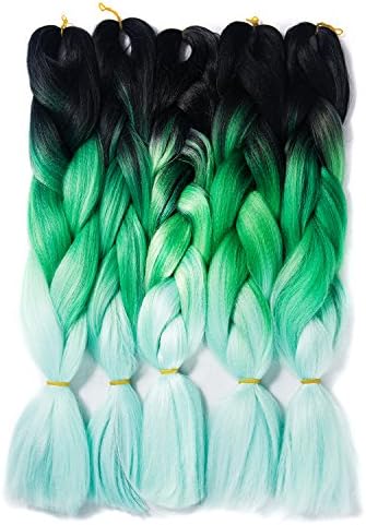 XFX 5Pcs/lot Jumbo Braiding Hair High Temperature Fiber Ombre Three Tone 24"(60CM) 100g/pc Synthetic Twist Crochet Braids Extensions (Black/Dark Green/Light Green)