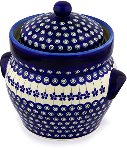 Polish Pottery Fermenting Crock Pot with Water Seal 14 Cups Flowering Peacock