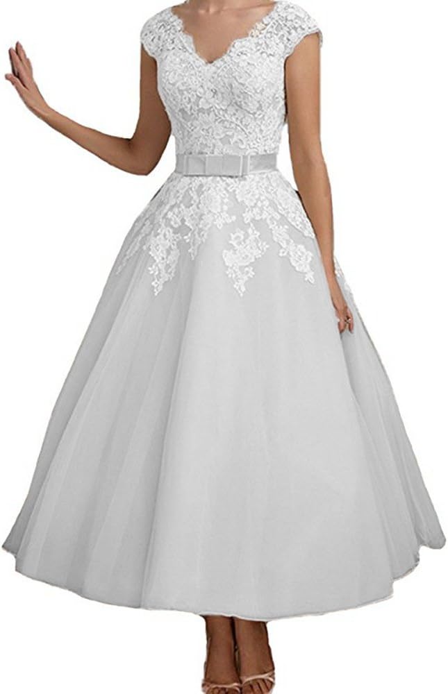 Jdress Women's Vintage Short Tea Length Lace Wedding Dresses for Bride 2019