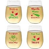 Set of 4 HOLIDAY DESIGN Shatterproof 16 oz Plastic Stemless Wine Glasses (GRINCHES)