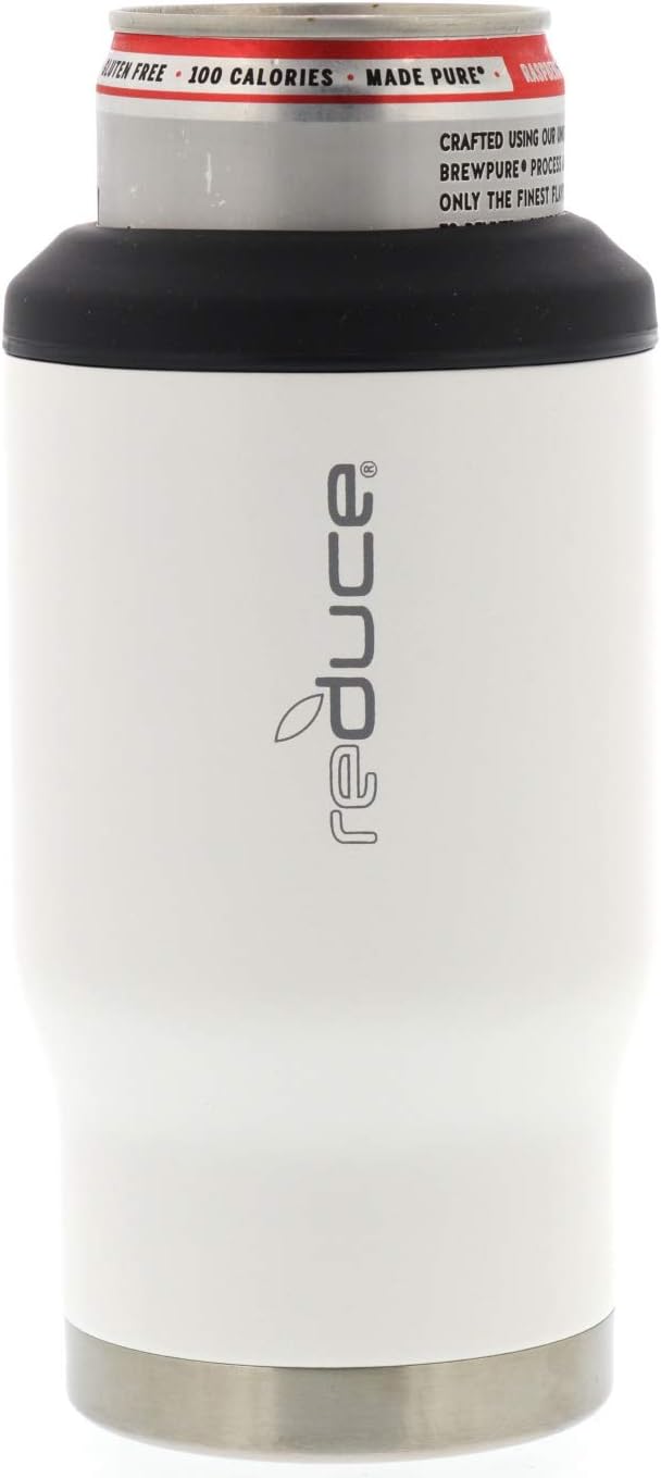 Reduce Can Cooler – 4-in-1 Stainless Steel Can Holder and Beer Bottle Holder, 4 Hours Cold – The Drink Cooler For 12 oz Slim Cans, Regular Cans, Bottles and Mixed Drinks – White Wave