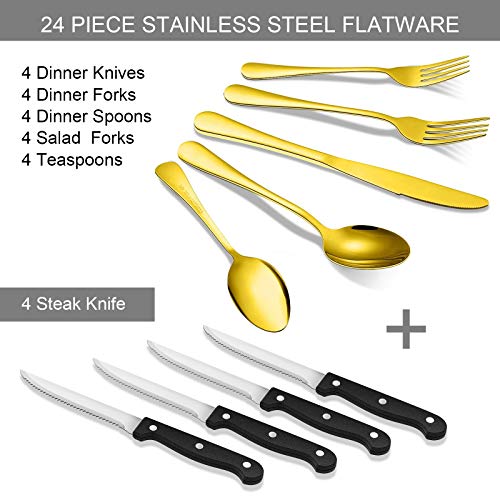 Umite Chef Gold Silverware Set, 24 Piece Stainless Steel Flatware Cutlery Set Service for 4