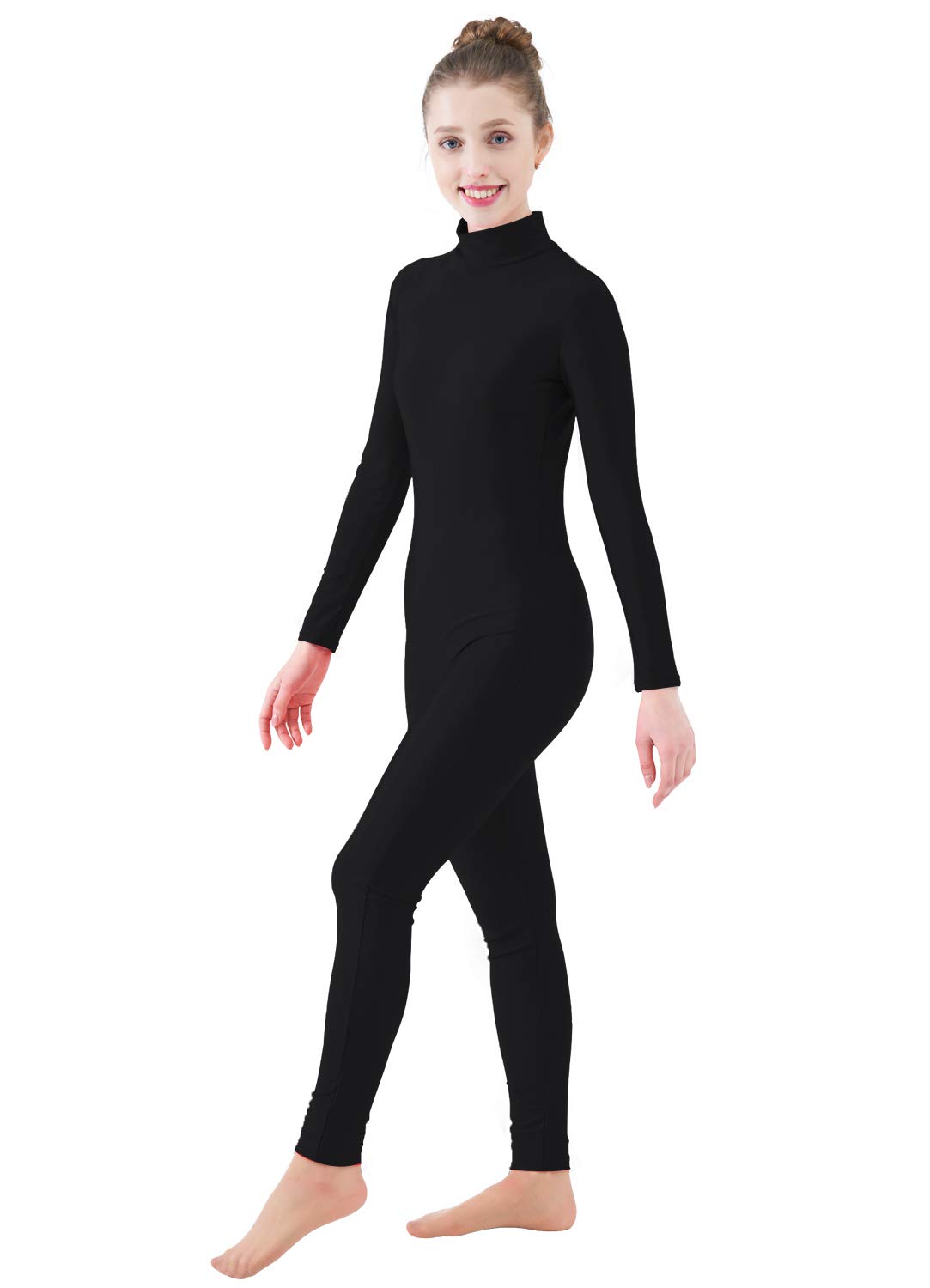 Ensnovo Womens Turtleneck Spandex Long Sleeve Footless Dancewear Unitard Black,L