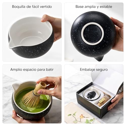 Kit de Té Matcha Tradicional, Juego de Té Matcha 8 Piezas – Tazón de Cerámica Artesanal, Batidor de Bambú, Soporte y Cuchara Kit Completo para Ceremonia de Té Japonesa en Casa (negro)