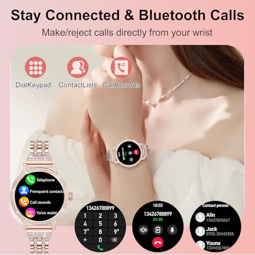 Fitoncloud Smart Watch for Women with Diamonds (Answer/Make Calls), 1.27" Display with Heart Rate/SpO2/Sleep Monitor, IP68 Waterproof Fitness Watch for Android & iPhone, 3 Bands, Rose Gold