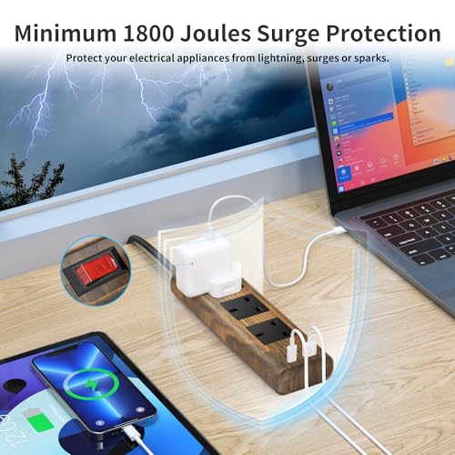 TOPREK Wood Grain 3 Way Extension Lead with USB Slots, Surge Protection, ON/OFF Switch, 13A/3250W, Extension Cable 2M for Home Kitchen Office
