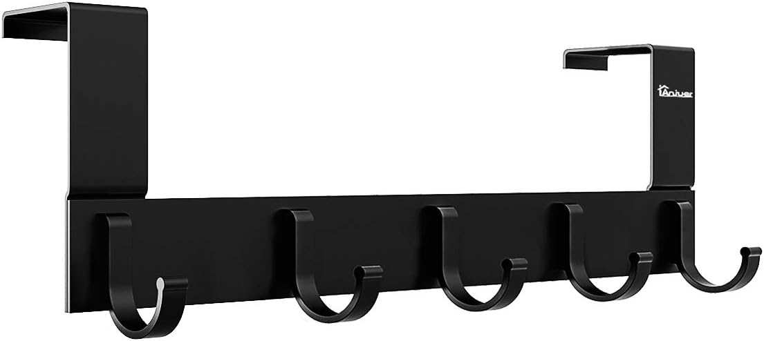 AnjuerOver the Door Coat Clothes Hanger Rack 5 Hooks for Bedroom Bathroom Kitchen Door, Towels Hats Robes Keys Handbags Hooks Accessories, Aluminum Alloy Black