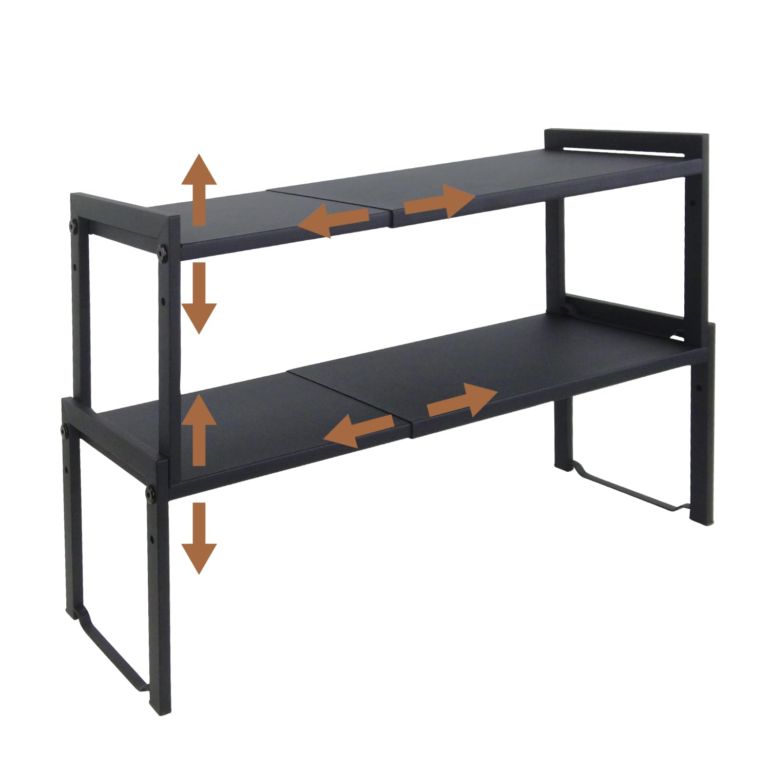 Goodsnetic 2 Packs Expandable Cabinet Shelf 13.8~26"(L), Stackable Kitchen Counter Shelf Organizer, 22LBS Heavy Duty Riser, Countertop Storage Pantry Shelf (Black 2 Packs M)