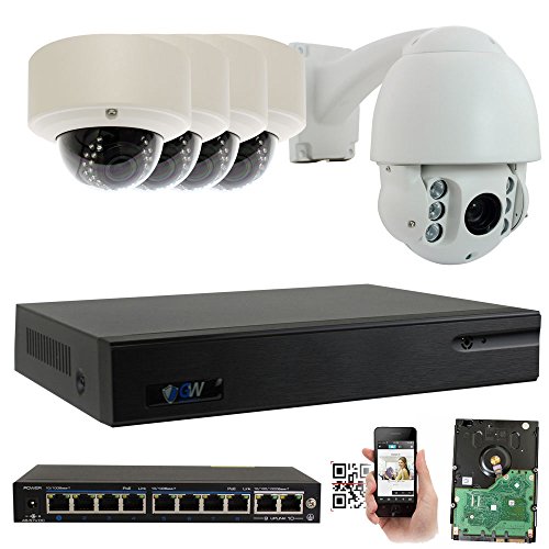 GW Security 9 Channel 4K NVR H.265 Surveillance System with 4 HD 5MP 1920p 2.8-12mm Varifocal Weatherproof PoE IP Dome Security Cameras, and 1 10X Zoom 4MP 1520p IP PTZ Camera