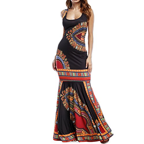 Women's Summer African Print Dashiki Long Maxi Tank Tops Dress Hem Fold Skirt