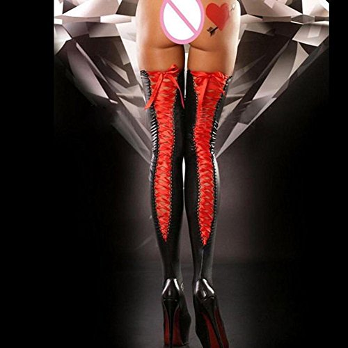 Women's Sexy Stockings,Toponly Women Sexy Club Comfortable Thigh-high Stockings Leather Lace Bow Long Socks (Red, Length:88cm/34.6")