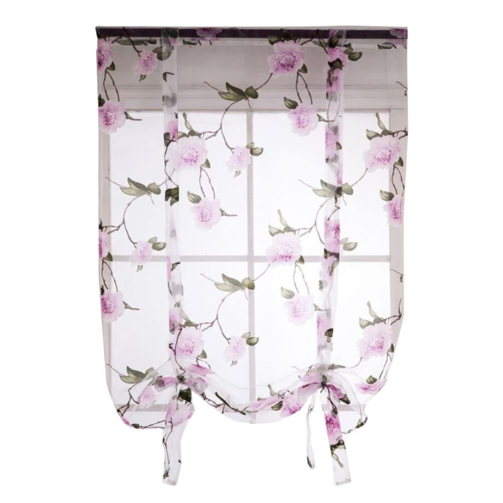 Garneck Lavender Floral Roman Curtain Strap Tie Blind for Living Room Window Sheer Voile Balloon Valance with Rod Pocket for Kitchen Office