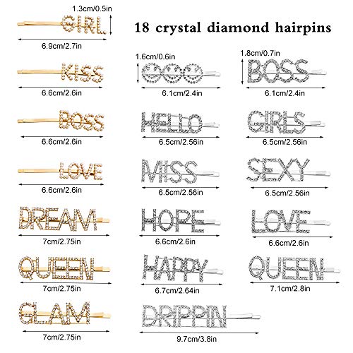 image for Hysagtek 18 pieces Words Letter Hair Pins, Rhinestone Hair Clips Pearl