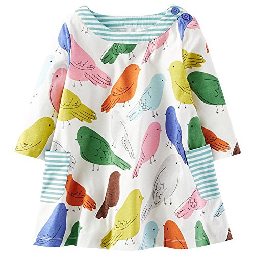 Frogwill Girls Long Sleeve Striped Jersey Casual Dresses Tunics 18M-8Y (7T, Bird)