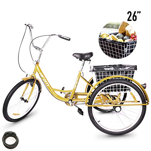 HIRAM Adult Tricycle, 24″/26″ Wheels Trike with Low Step-Through Steel Frame, Front and Rear Fenders, Single Speed, Large Cruiser Seat, Water-Proof Bag and Rear Basket