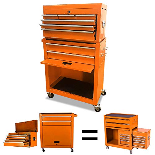 Big Removable Tool Chest, Rolling Tool Chests with Wheels (2PCS Lockable) and Drawers, Top Tray and Bottom Cabinet Door with Keyed Locking System, for Garage, Warehouse, and Workshop, etc(Orange) - Thumbnail 6