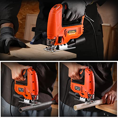 ValueMax Jig Saw, 5.0AMP Jigsaw Tool Kit with 6 Variable Speeds, 4-Position Orbital Setting, ±45° Bevel, Dust Blower and 6PCS Blades, 800-3000SPM, Corded Jigsaw for Wood, Metal and Plastic Cutting