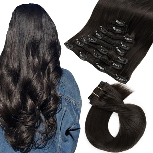 ABH AMAZINGBEAUTY HAIR Clip in Hair Extensions - Real Human Hair, Black, Invisible, Straight, Double-side Skin Wefts, Off Black #1B, 8Pcs With 18 Clips, 120G, 20 Inch