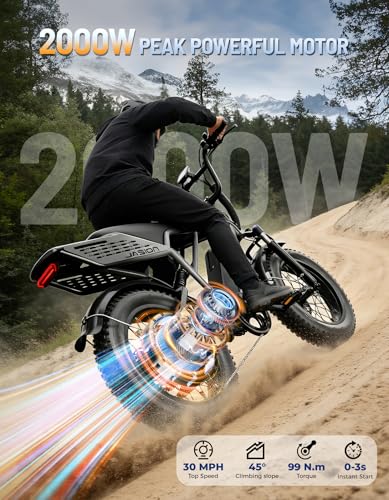 Jasion RetroVolt&Pro Electric Bike for Adults, 70/90Miles Electric Motorcycle,2000W/3000W Peak Ebike,30/38MPH Electric Dirt Bike, 48V-52V,13AH-20AH Battery, 20" Fat Tire E Bike with Full Suspension