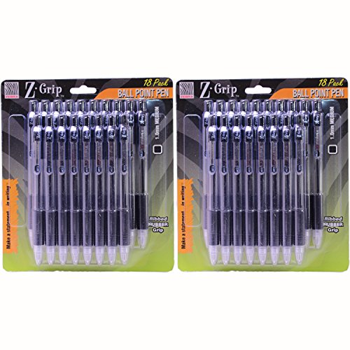 ZEBRA Z-Grip Retractable Ballpoint Pen, 1.0mm, Black Ink, 18 Pack, (Pack of 2)