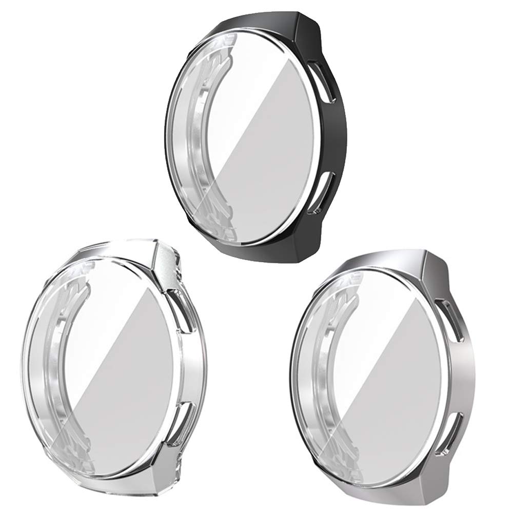 YGoal Screen Protector For Huawei Watch GT 2e, Full-covered TPU Flexible Case Anti-Scratch/Shocking Protective Bumper Cover Shell Fit Huawei Watch GT 2e 46mm, BLACK&SILVER&CLEAR