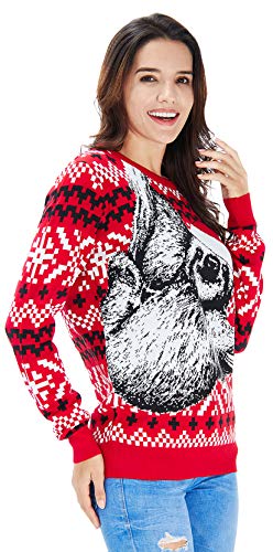 RAISEVERN Roter Weihnachtspullover Sweater mit Lazy Sloth Grafik Langarmshirts für Jugend