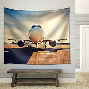 Airplane is Taxiing to Take Off at The Sunrise - Fabric Wall Tapestry Home Decor - 51x60 inches