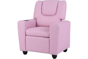 LDAILY Kids Recliner, PU Leather Kids Lounge Chair with Cup Holder, Adjustable Backrest & Footrest, Ergonomic Toddler Recliner Furniture Sofa for Children Boys Girls Age 3+, Living Room, Pink