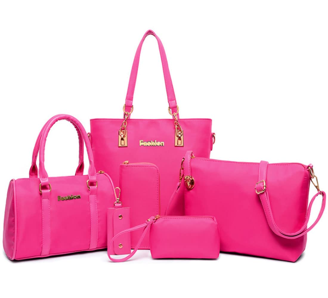 FiveloveTwo Women Ladies 6 Pcs Handbag Set Hobo Top Handle Bag Totes Satchels Crossbody Shoulder Bags and Purse Clutch Rose
