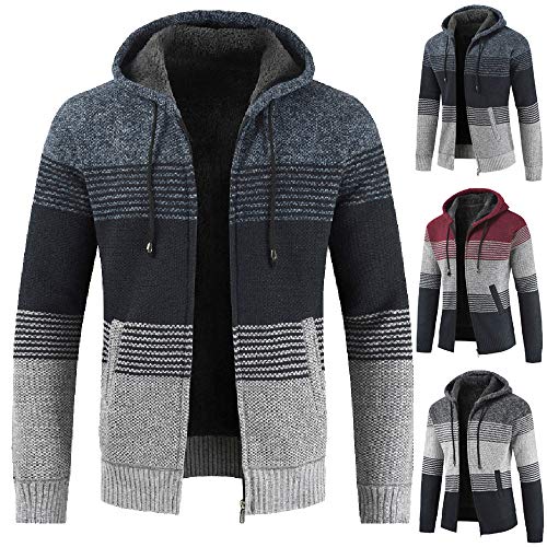 Autumn Winter Packwork Hooded Zipper Jacket Knit Cardigan Long Sleeve Coat Men Blue