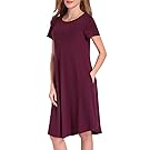 Delcoce Juniors Versatile Short Sleeve School Home Loose Pockets Dress Shift Wine Red XL