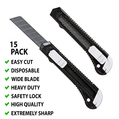 15 Pack - Utility Knife Box Cutter (18mm Retractable Blade Box Cutters with Bonus 15 Replacement Razor Blades!) Perfect for Moving, Cutting Cardboard Boxes, DIY Projects, More - Thumbnail 2