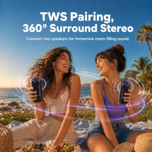 TIMU Portable Bluetooth Speaker, Powerful Sound Wireless Speaker: Boost Bass, Bluetooth 5.4, 24H Playtime, 8 RGB Modes, IPX7 Waterproof, TWS Pairing, Beach/Vacation Essentials, Gift Ideas（Black）
