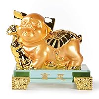 PopTop Brass Golden Resin Feng Shui Statue Chinese Zodiac Animal Pig Home Office Table Top Decor Figurine Gift Collection PTZY123