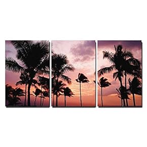 3 Piece Canvas Wall Art - Tropical Landscape with Palm Trees at Sunset - Modern Home Art Stretched and Framed Ready to Hang - 16"x24"x3 Panels